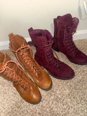 Women’s Lace-Up Combat Boots - Burgundy and Cognac